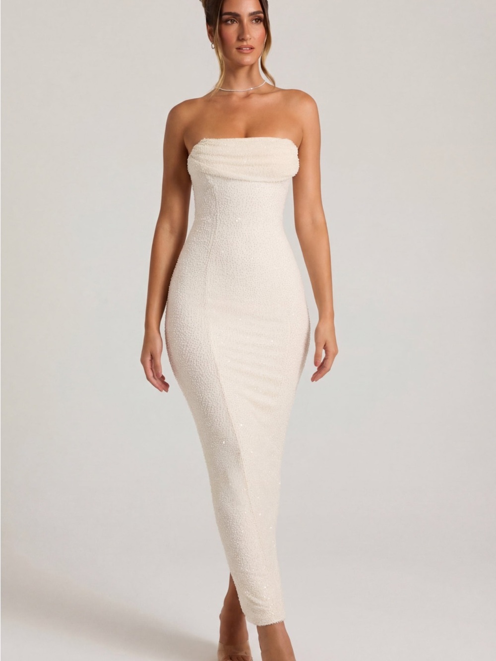 Oh Polly Cream Strapless Beaded Bodycon Dress